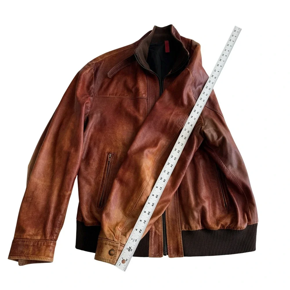 Peruzzi VTG Italian Distressed Leather‎ Cognac Brown Bomber Jacket IT 56 US XL